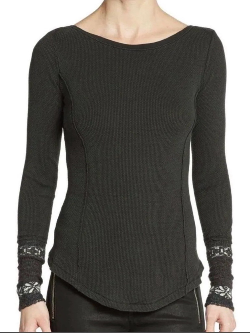 Free People Black Rosey Jaquard Cuff Thermal Tee Small